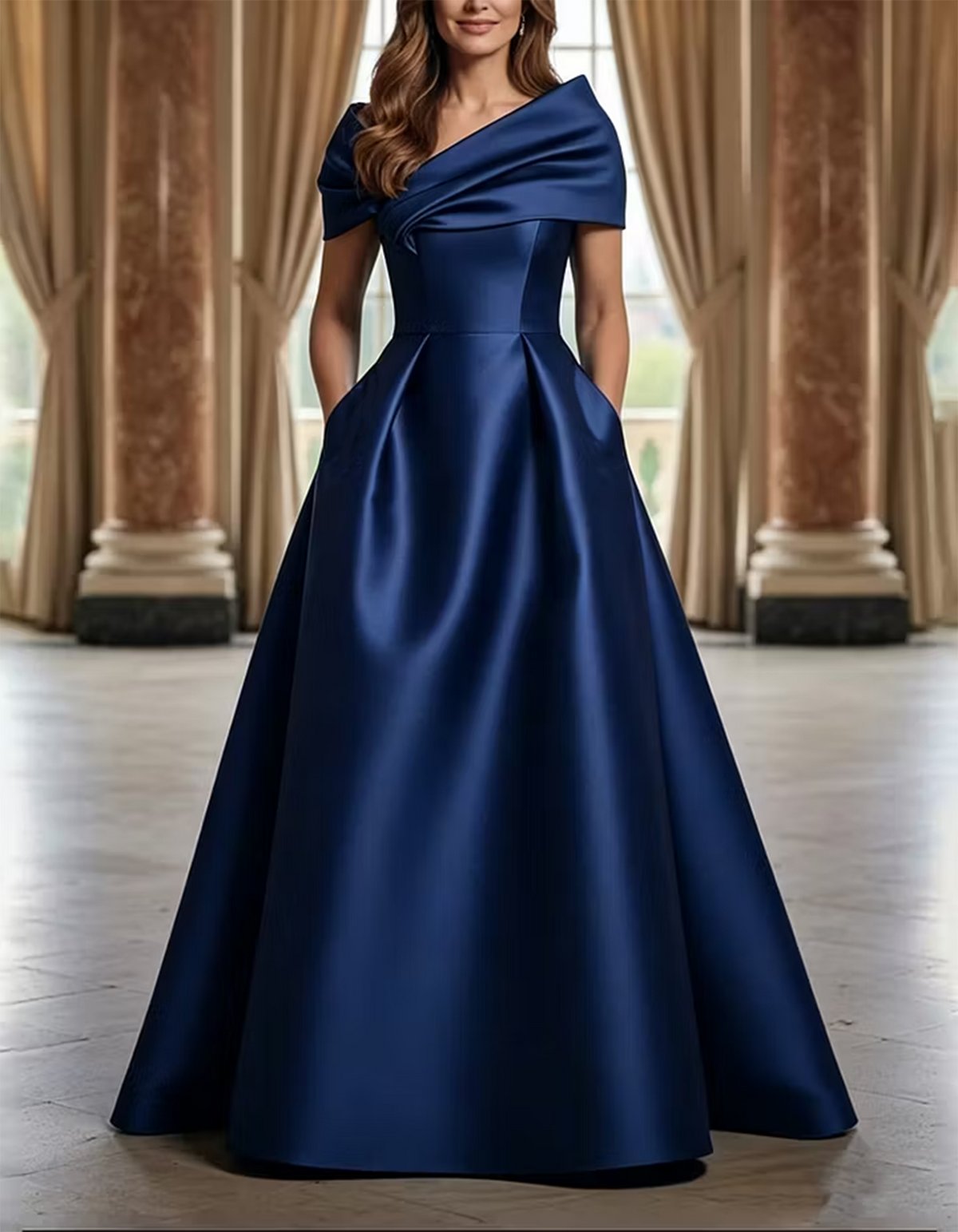 Green Asymmetric Draped Satin A-LineMaxi Dress