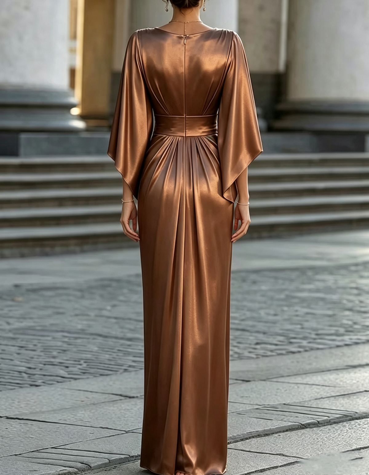 Deep V-neck Satin Gown With Cape Sleeves Maxi Dress