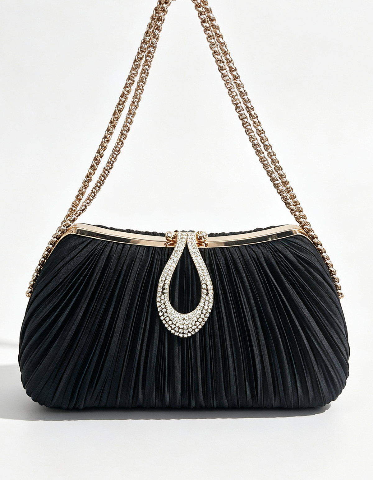Champagne Satin Pleated Rhinestone Clutch Evening Bag for Women