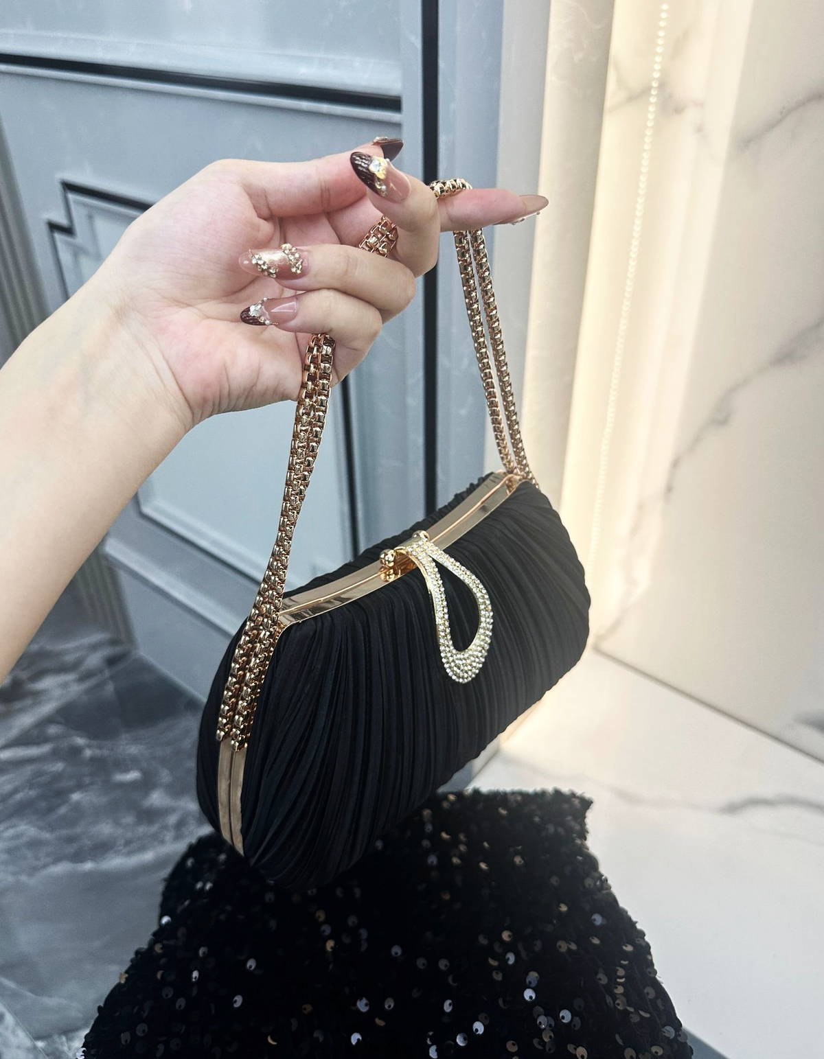 Champagne Satin Pleated Rhinestone Clutch Evening Bag for Women