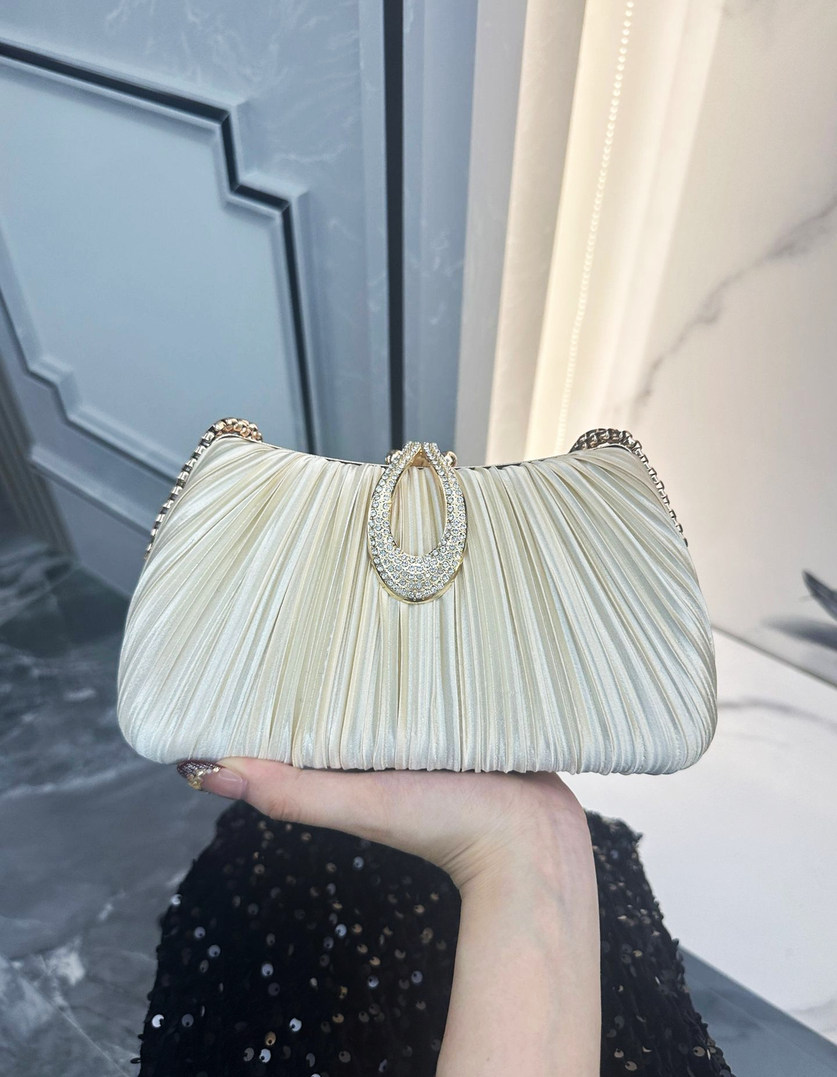 Champagne Satin Pleated Rhinestone Clutch Evening Bag for Women
