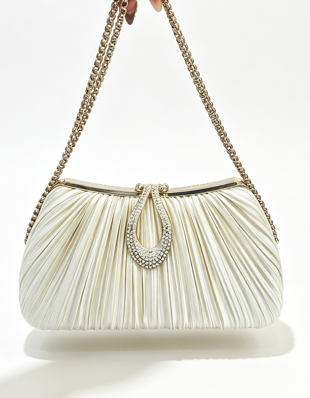Champagne Satin Pleated Rhinestone Clutch Evening Bag for Women