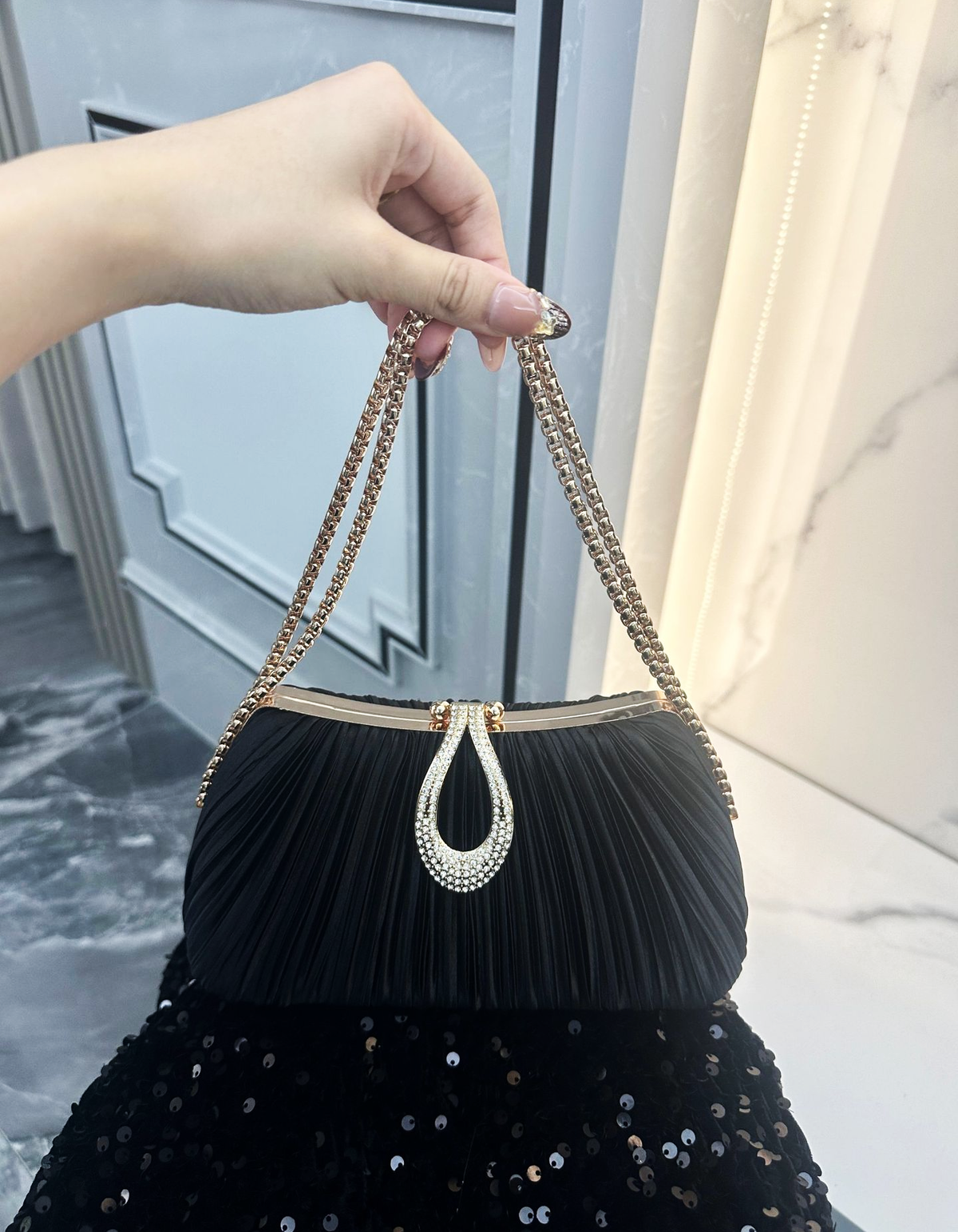 Champagne Satin Pleated Rhinestone Clutch Evening Bag for Women