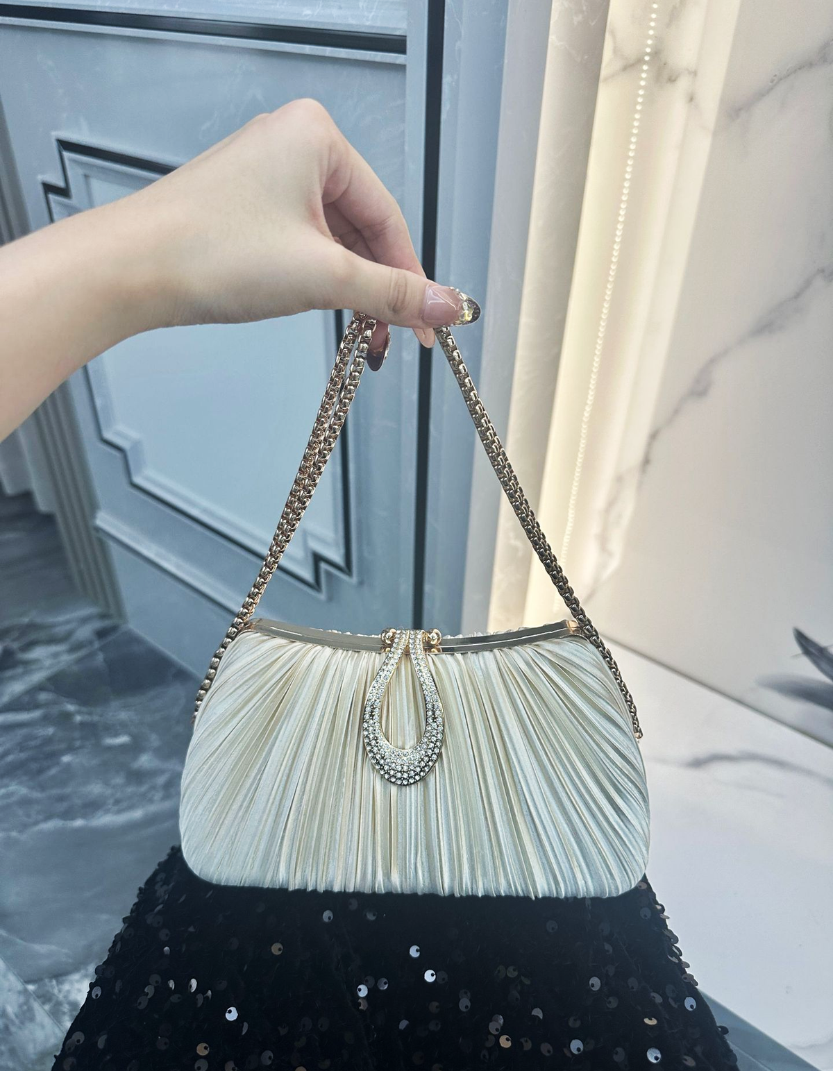 Champagne Satin Pleated Rhinestone Clutch Evening Bag for Women