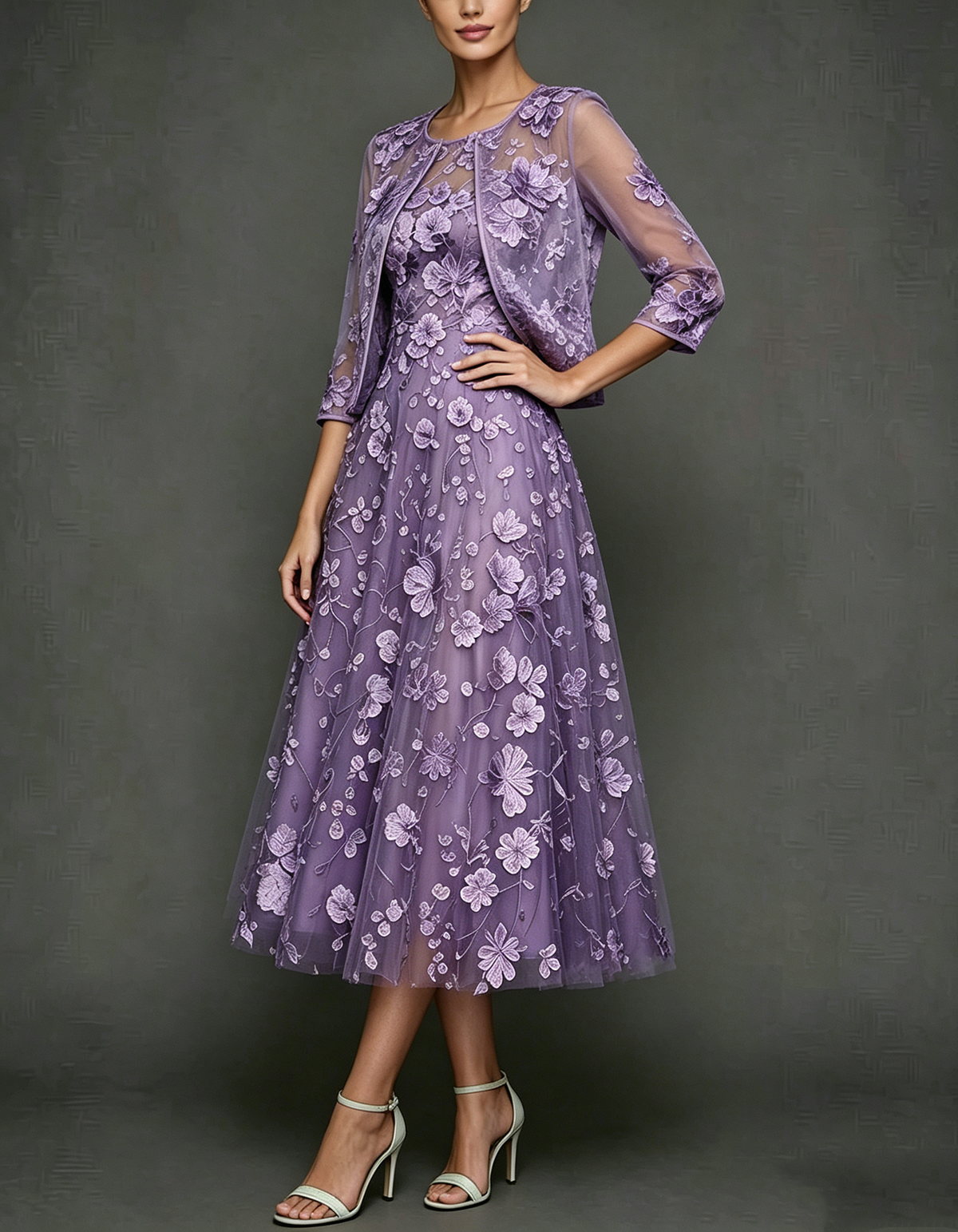 Purple Round Neck 3/4 Sleeve 2-Piece Floral Appliqué Tulle Midi Dress