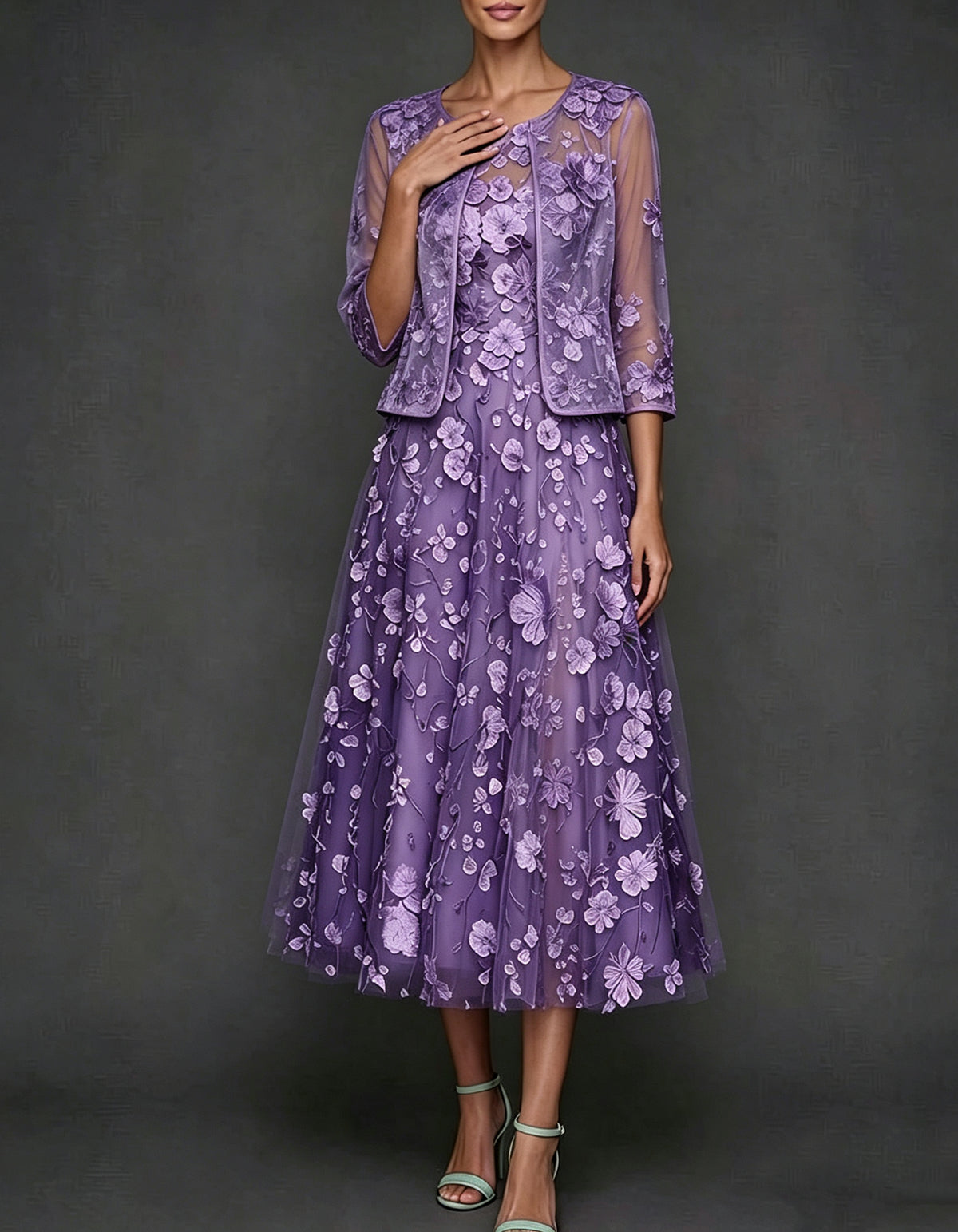 Purple Round Neck 3/4 Sleeve 2-Piece Floral Appliqué Tulle Midi Dress