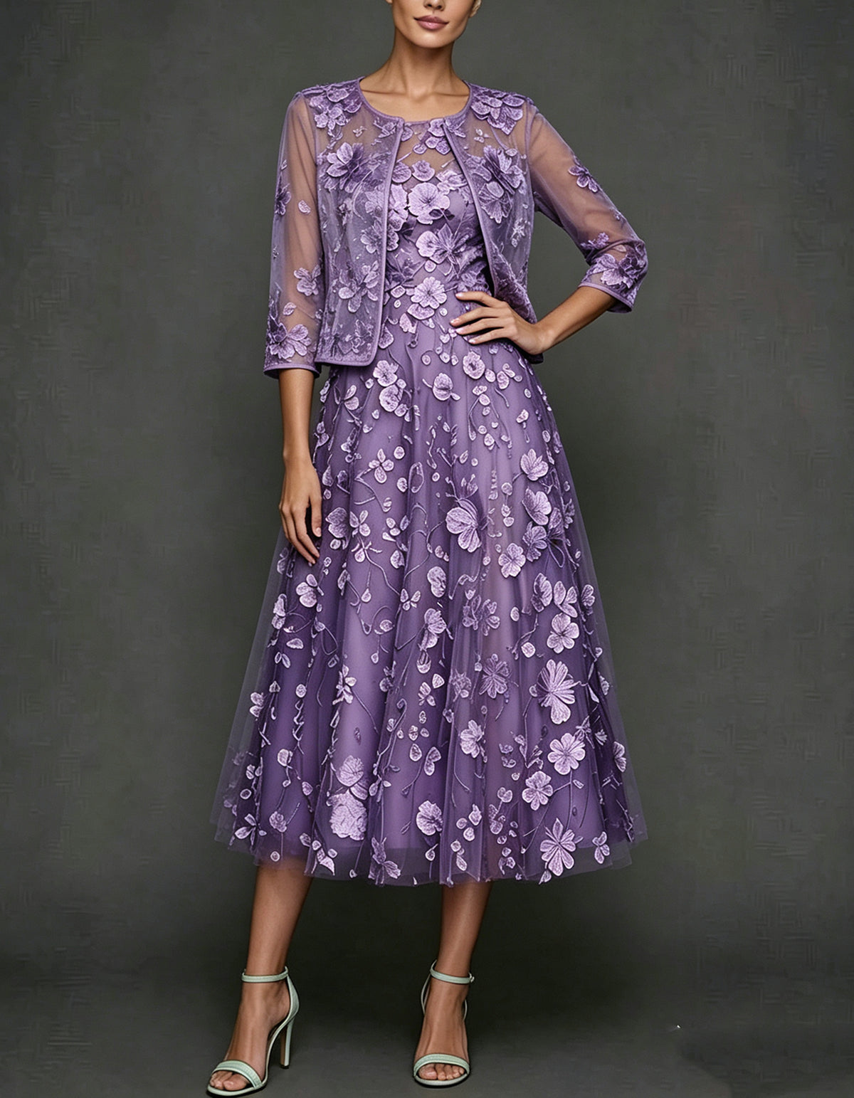 Purple Round Neck 3/4 Sleeve 2-Piece Floral Appliqué Tulle Midi Dress