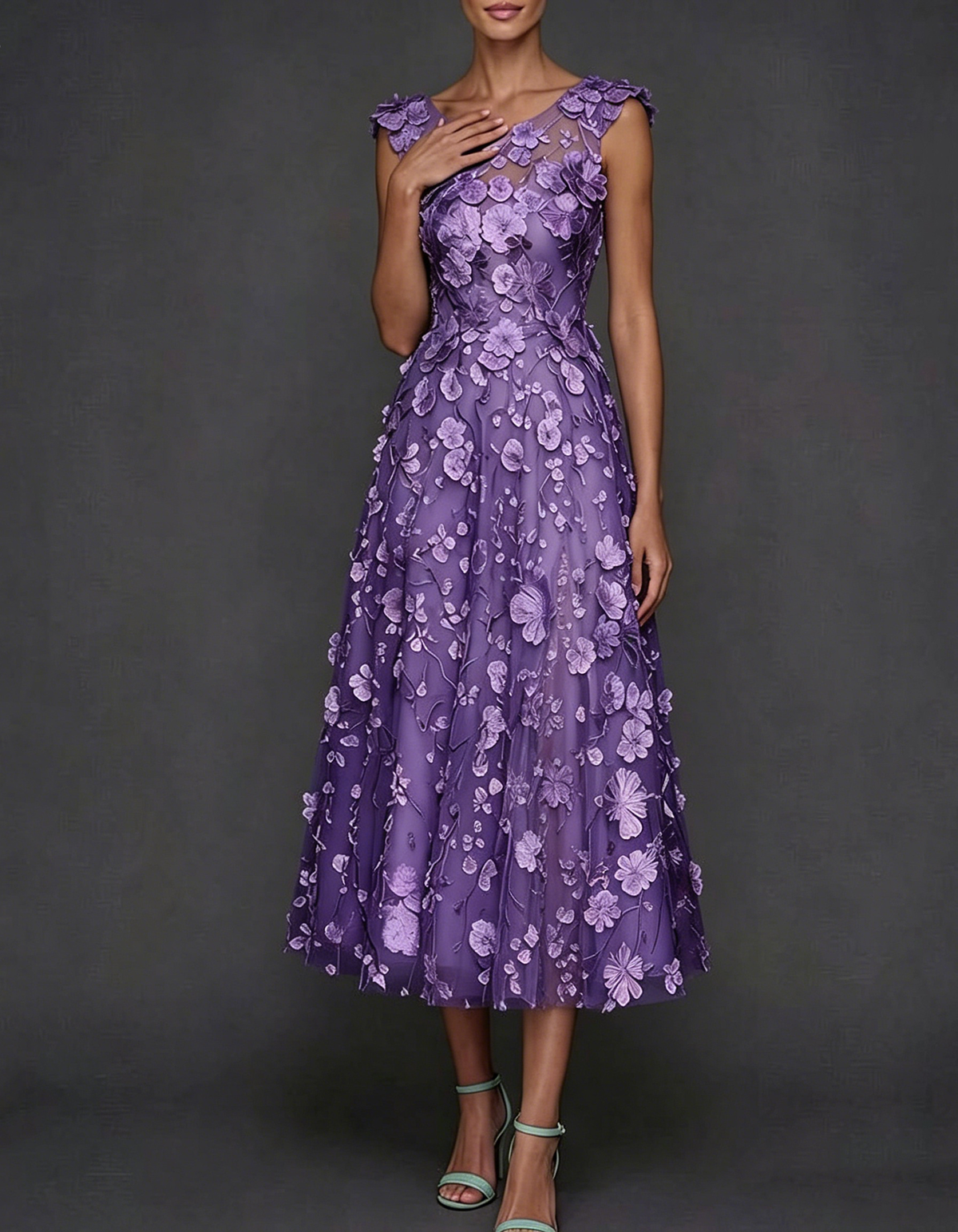 Purple Round Neck 3/4 Sleeve 2-Piece Floral Appliqué Tulle Midi Dress