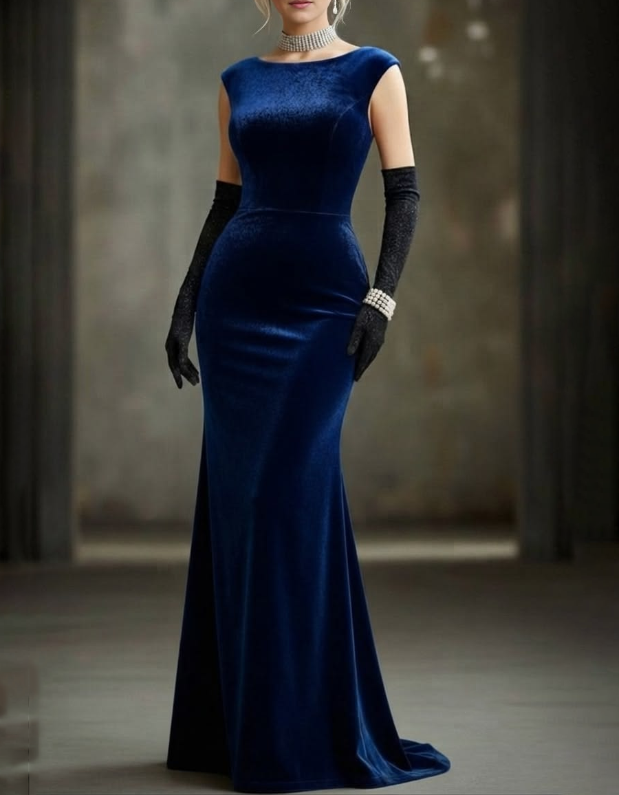 Boat Neck Velvet Mermaid Evening Maxi Dress