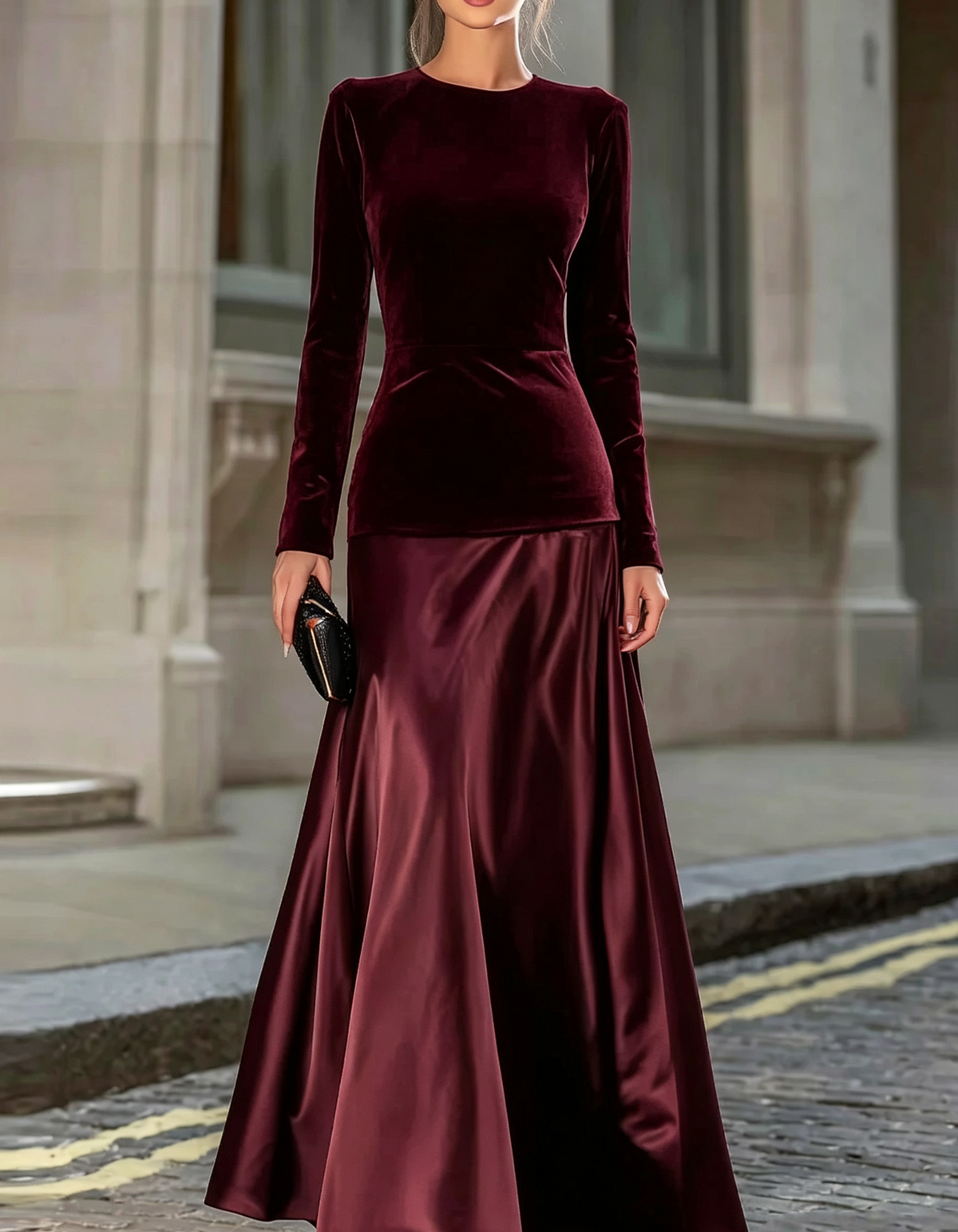 Velvet And Satin Long-sleeved Maxi Dress