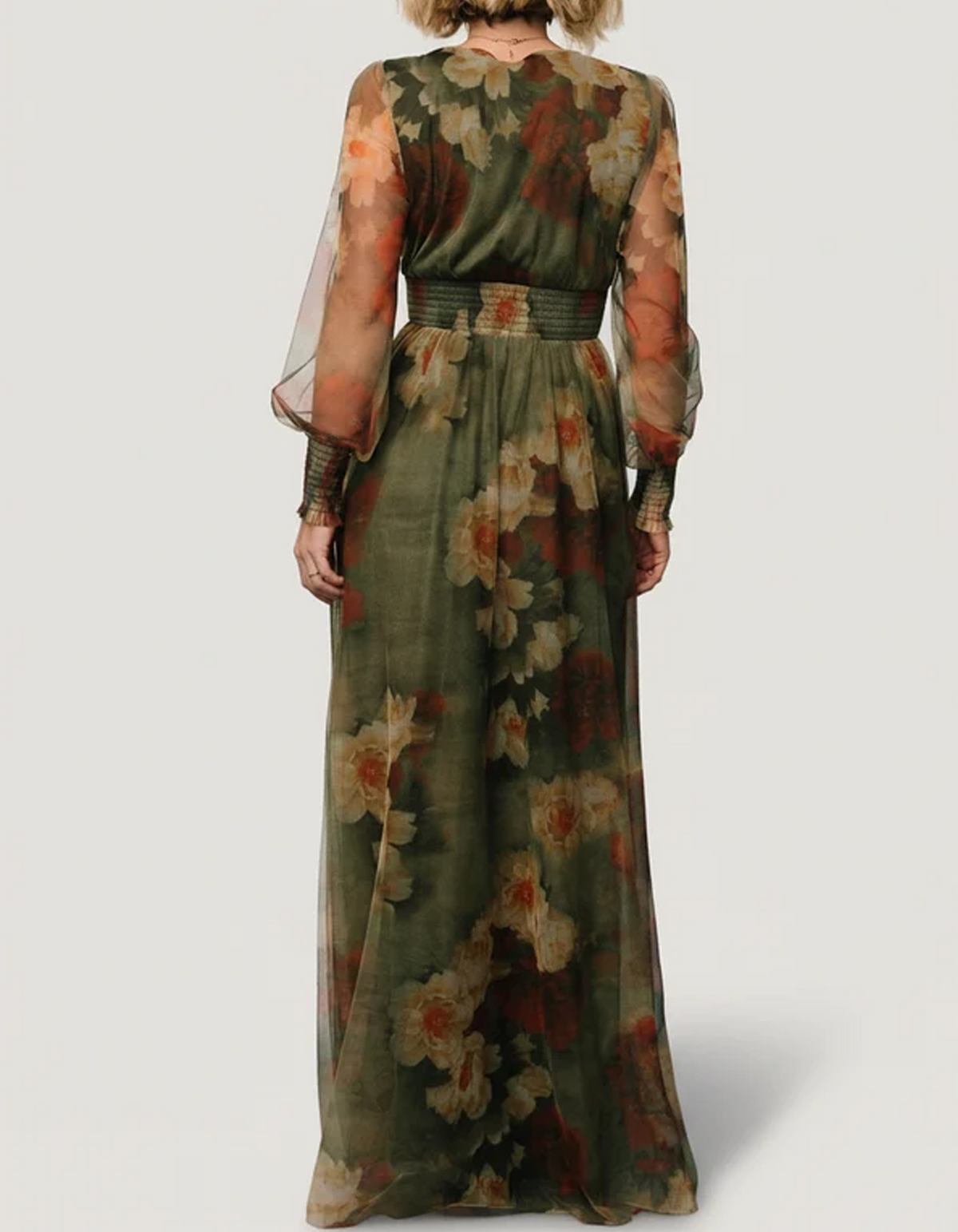 V-neck Floral Tulle Long-sleeved Maxi Dress