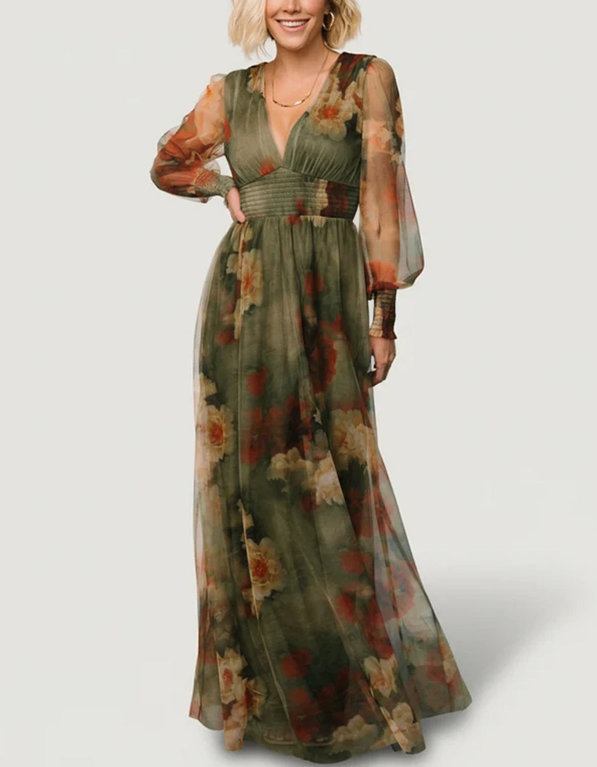 V-neck Floral Tulle Long-sleeved Maxi Dress