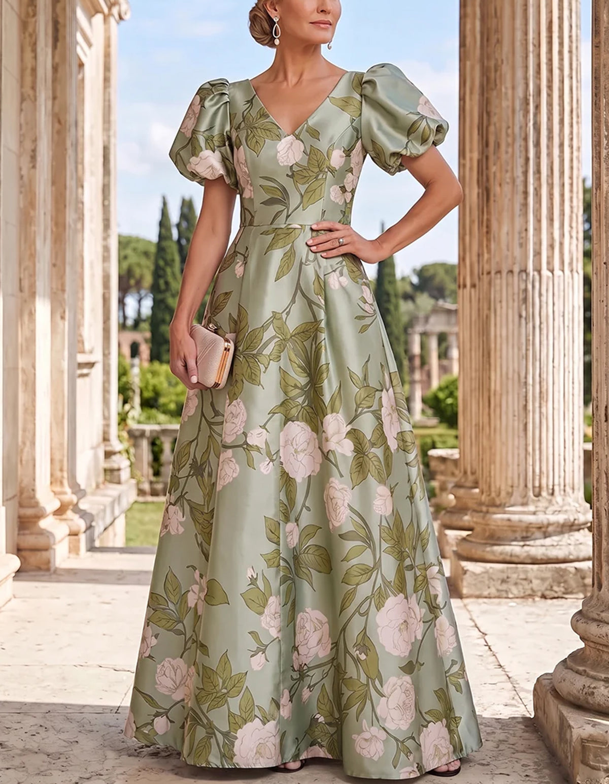 Green Rose Floral V-Neck Puff Sleeve A-Line Maxi Dress