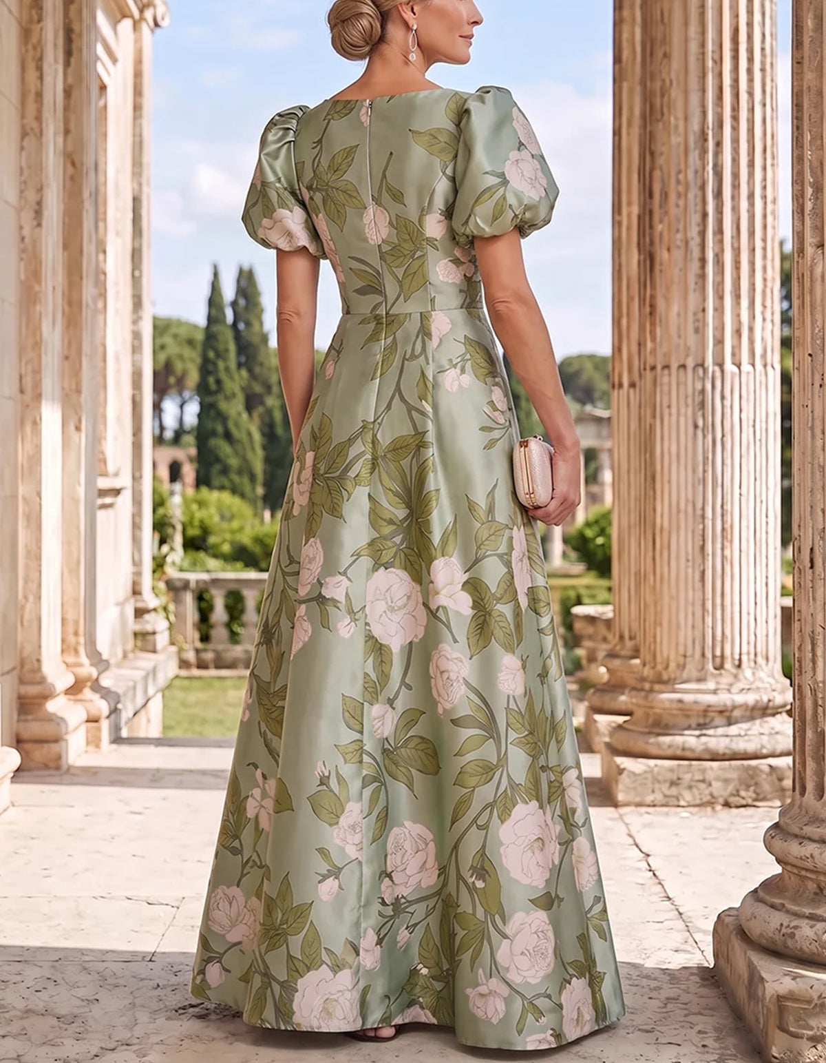 Green Rose Floral V-Neck Puff Sleeve A-Line Maxi Dress