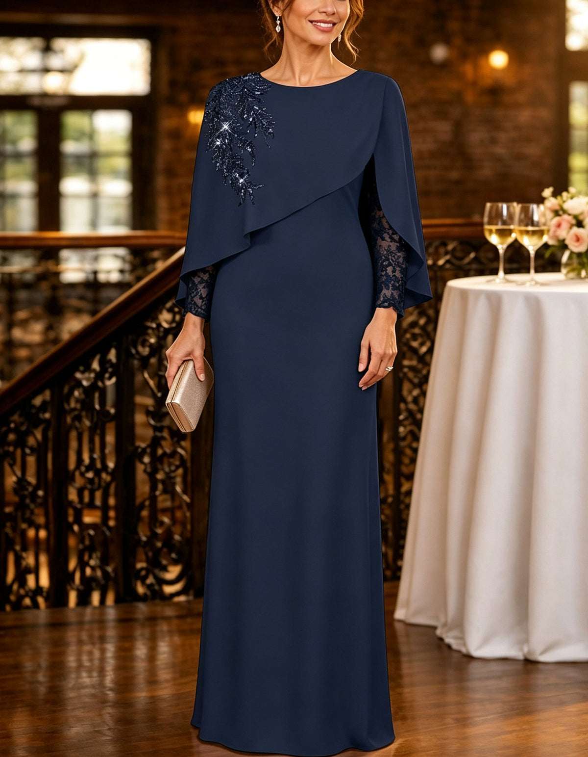Capelet Sequin Leaf Embroidery Long Sleeve Maxi Dress