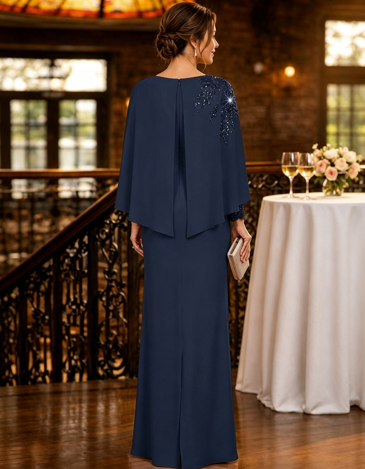 Capelet Sequin Leaf Embroidery Long Sleeve Maxi Dress