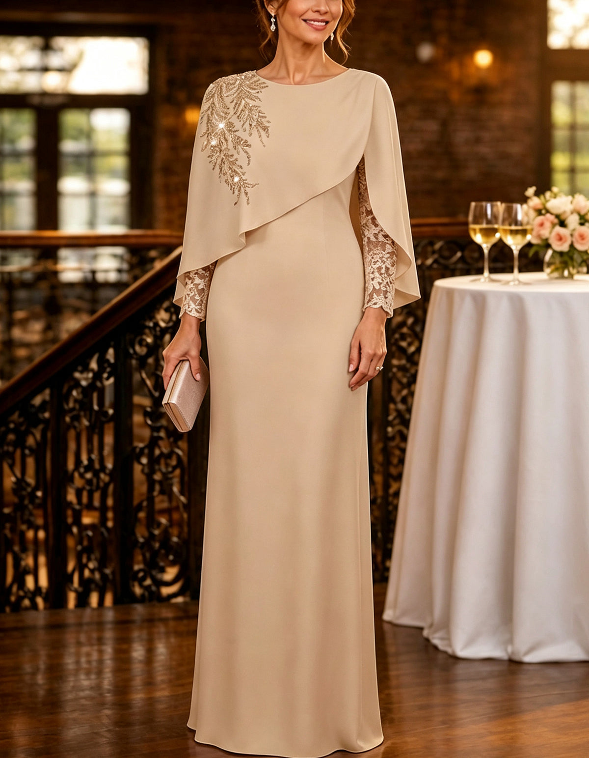 Capelet Sequin Leaf Embroidery Long Sleeve Maxi Dress