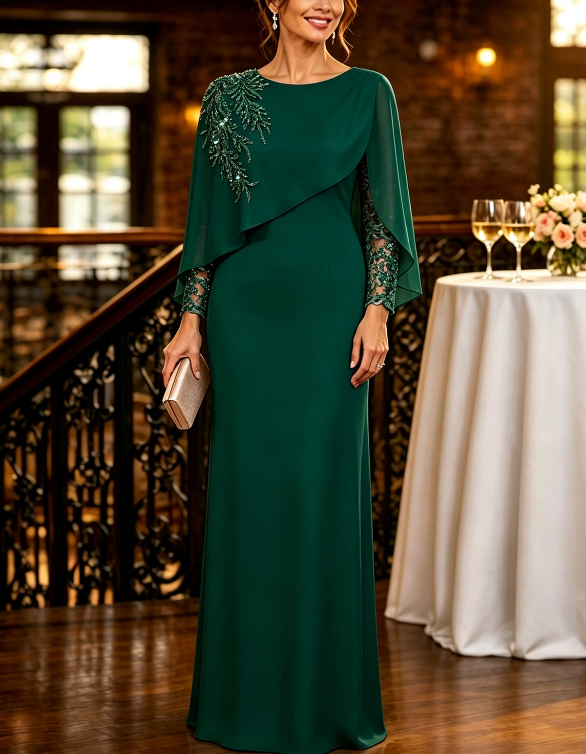 Capelet Sequin Leaf Embroidery Long Sleeve Maxi Dress