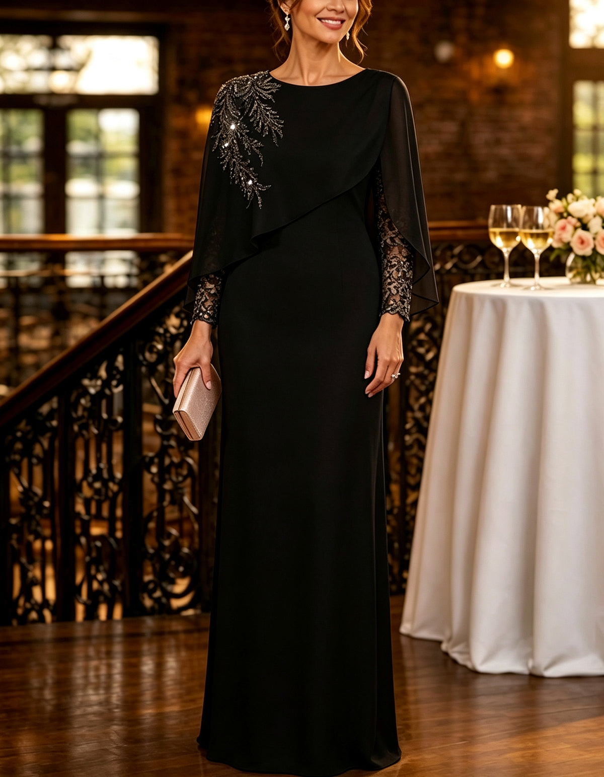 Capelet Sequin Leaf Embroidery Long Sleeve Maxi Dress