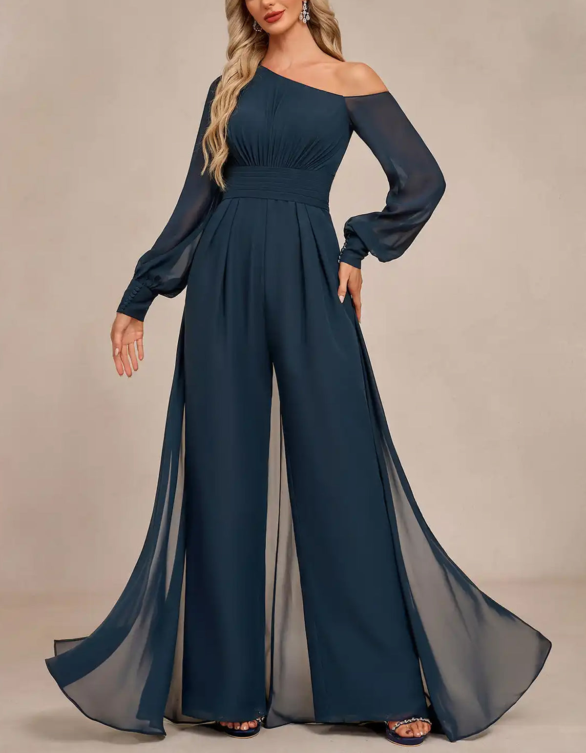 Dark Blue Chiffon One Shoulder Jumpsuit