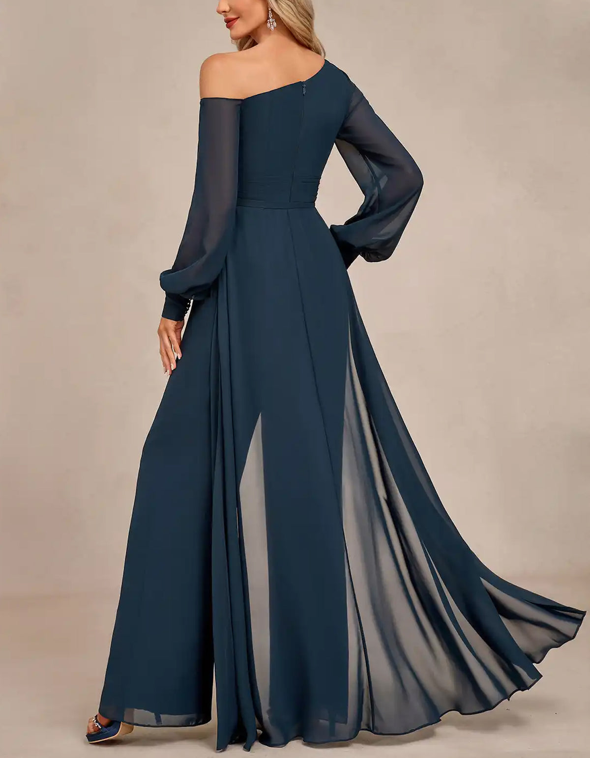 Dark Blue Chiffon One Shoulder Jumpsuit