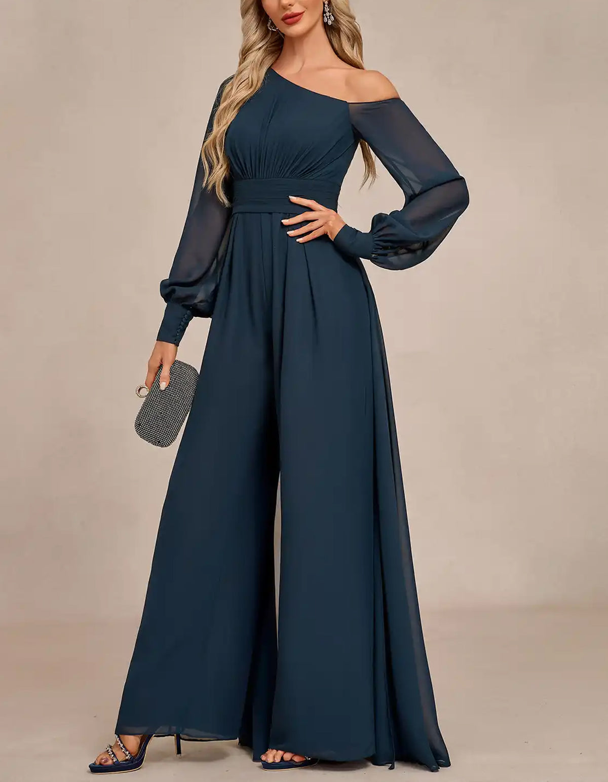 Dark Blue Chiffon One Shoulder Jumpsuit