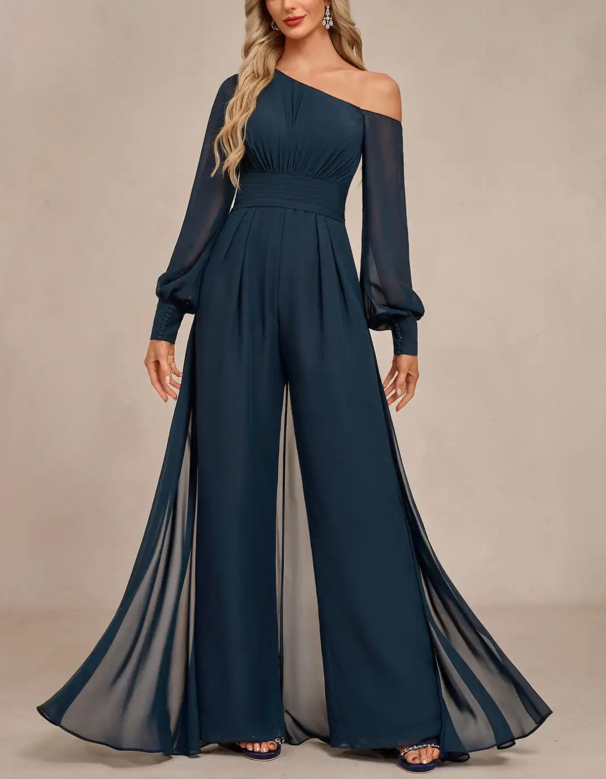 Dark Blue Chiffon One Shoulder Jumpsuit