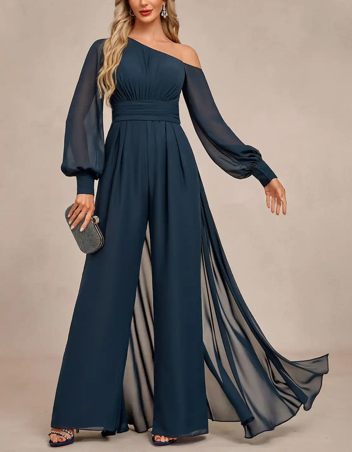 Dark Blue Chiffon One Shoulder Jumpsuit