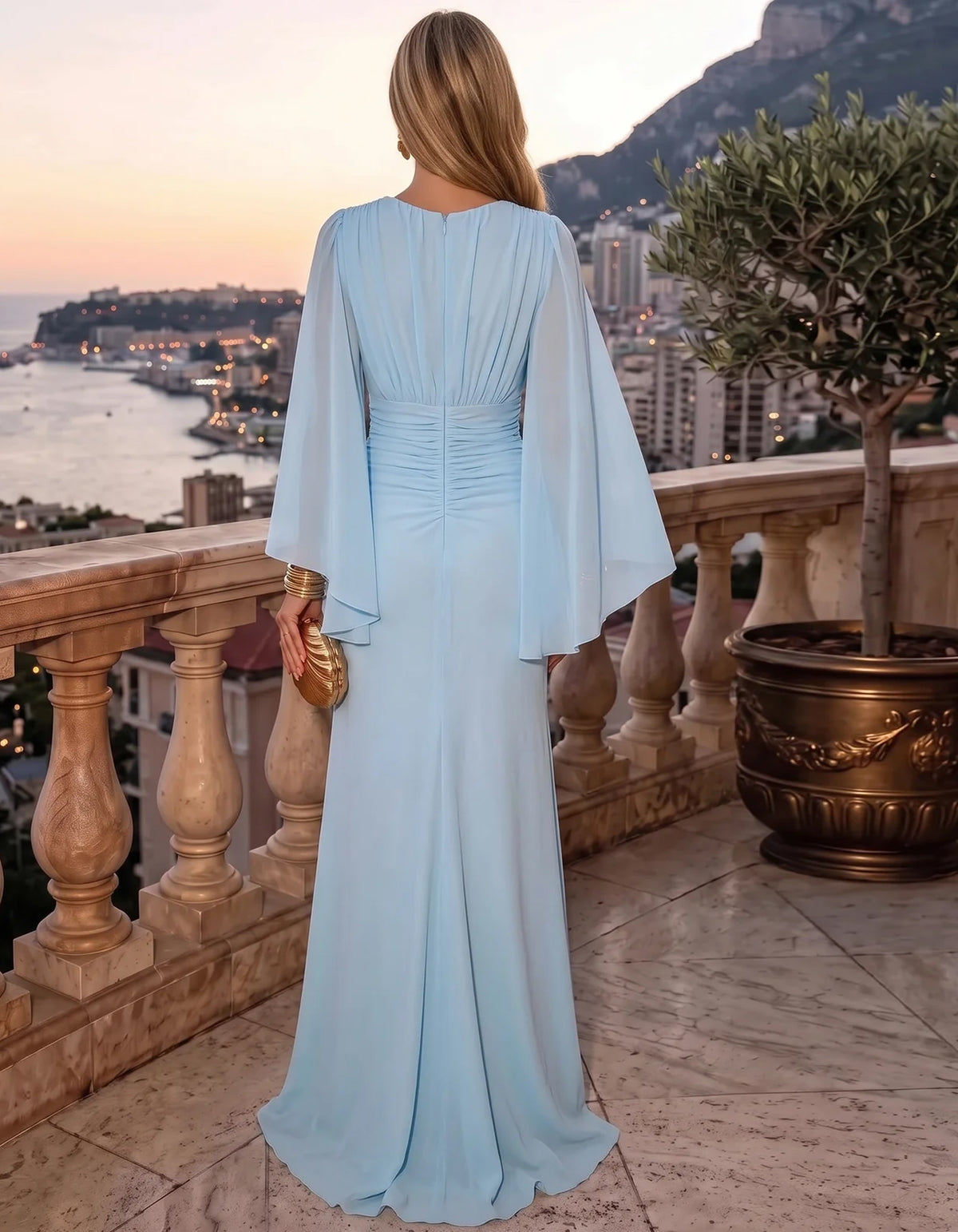 Light Blue Chiffon V-Neck Maxi Dress