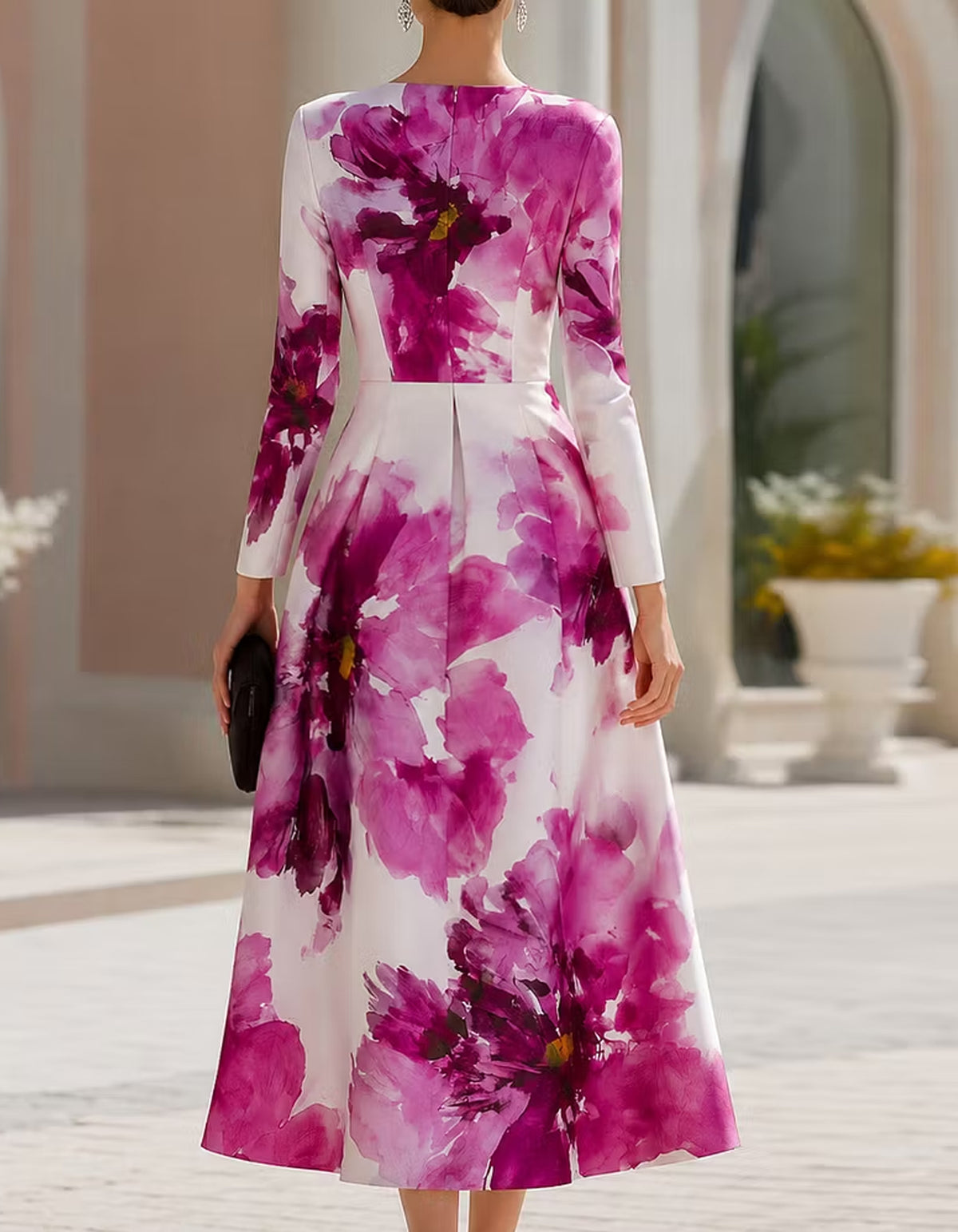 Magenta Floral Print Crew Neck Midi Dress