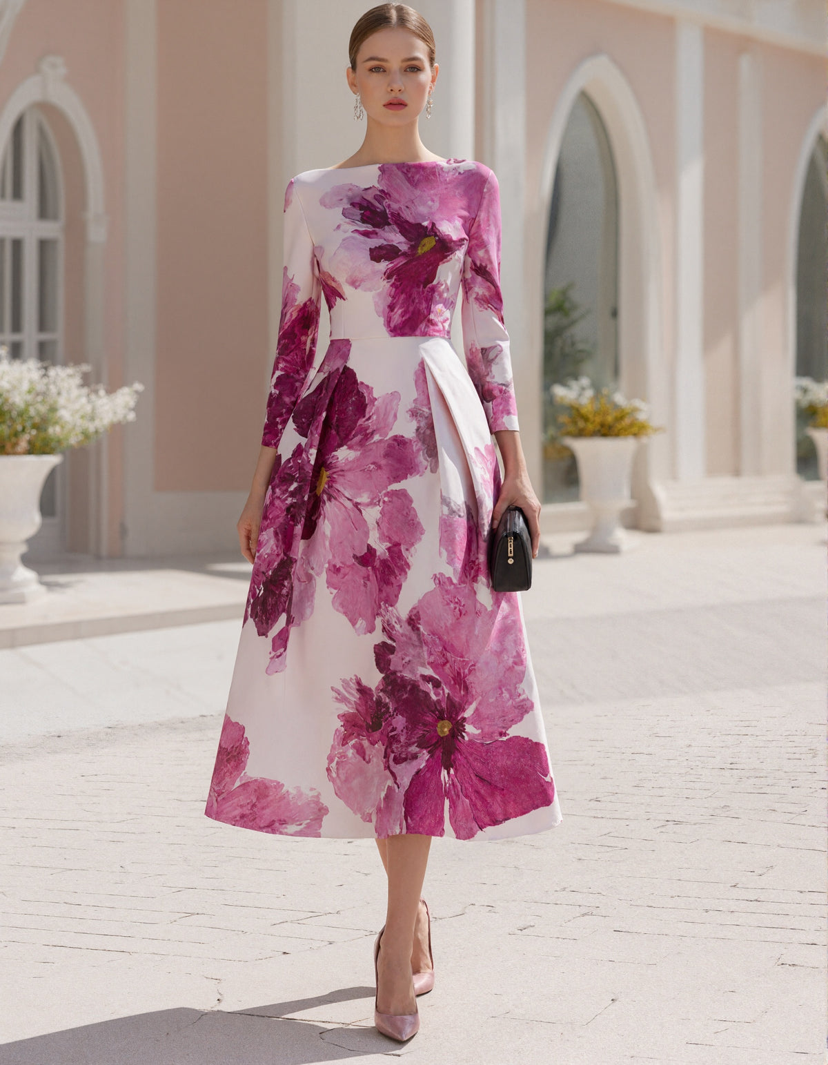 Magenta Floral Print Crew Neck Midi Dress