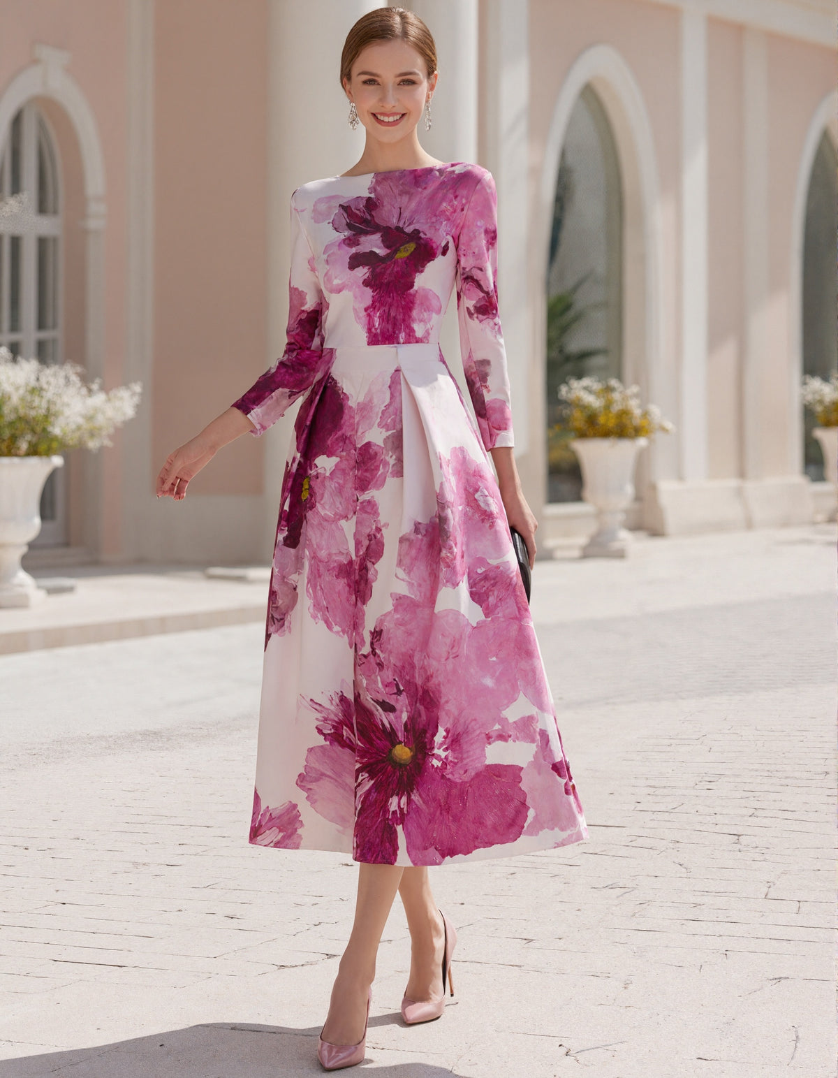 Magenta Floral Print Crew Neck Midi Dress