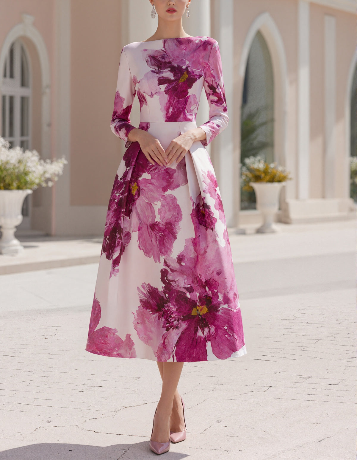Magenta Floral Print Crew Neck Midi Dress