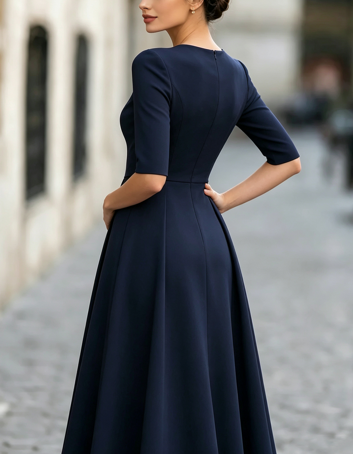 Elegant Round-Neck Mid-Sleeve Layered Midi Dress