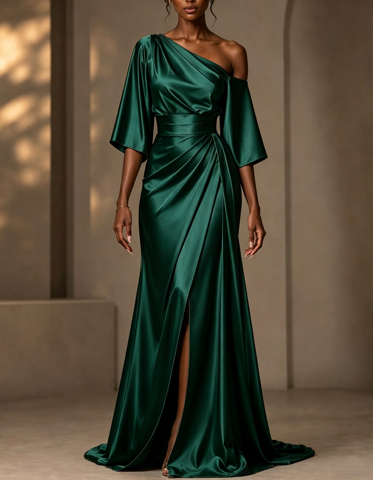 Asymmetrical One Shoulder Satin Maxi Dress