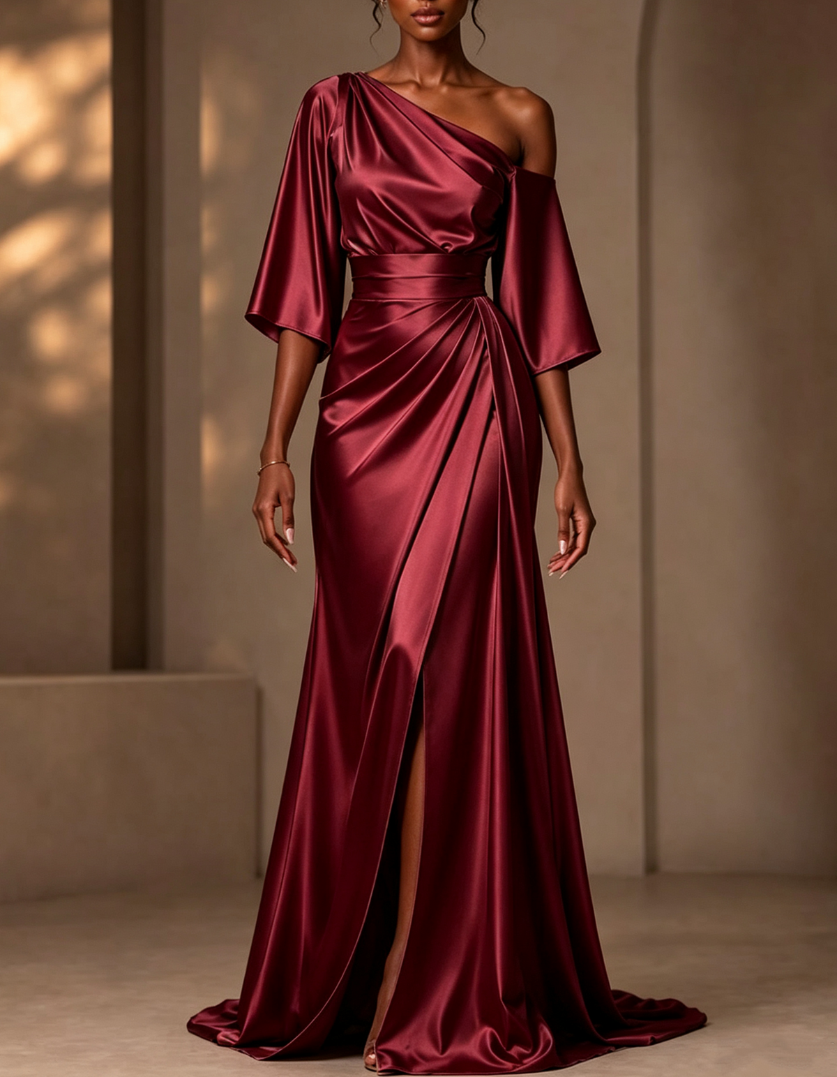 Asymmetrical One Shoulder Satin Maxi Dress