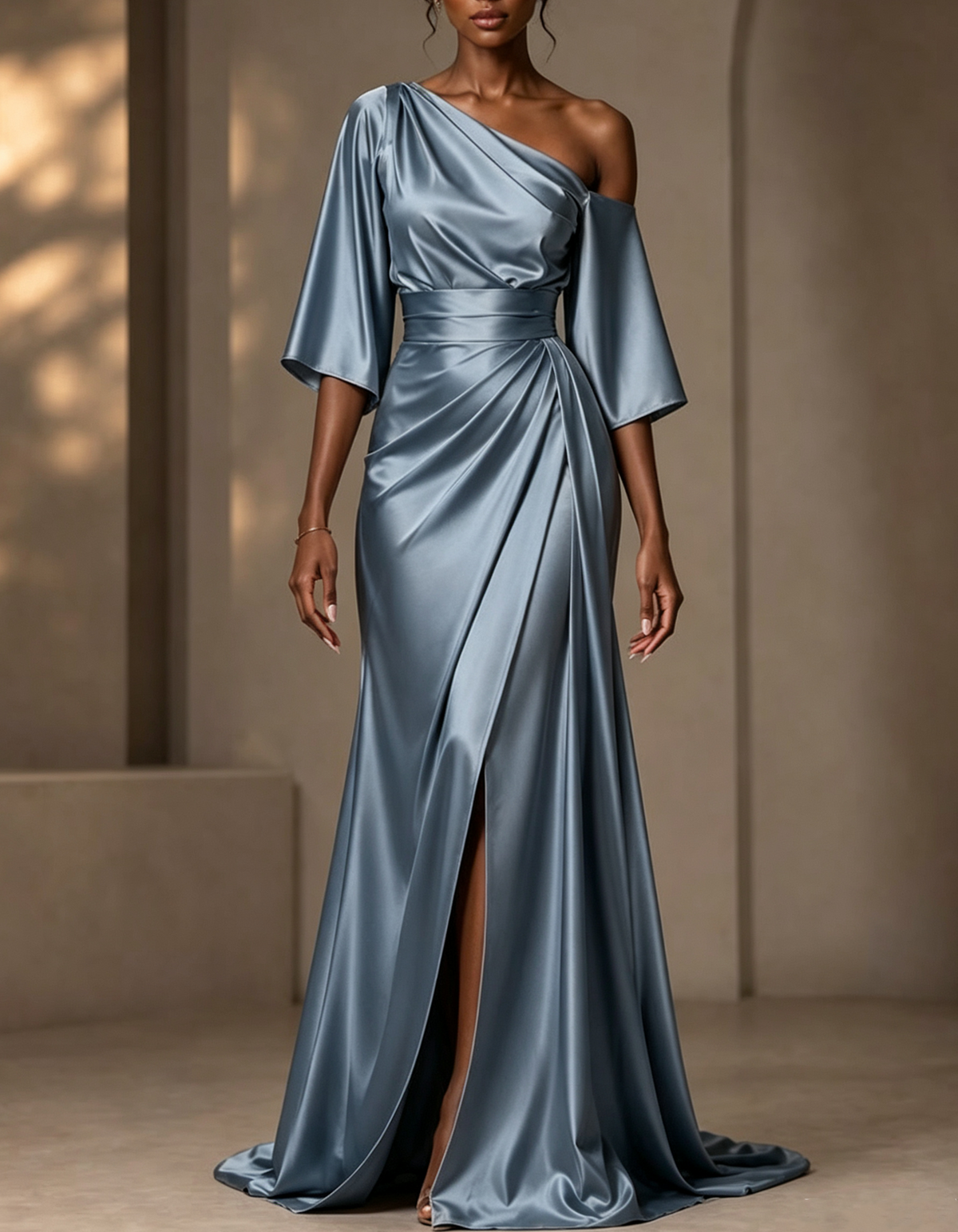 Asymmetrical One Shoulder Satin Maxi Dress