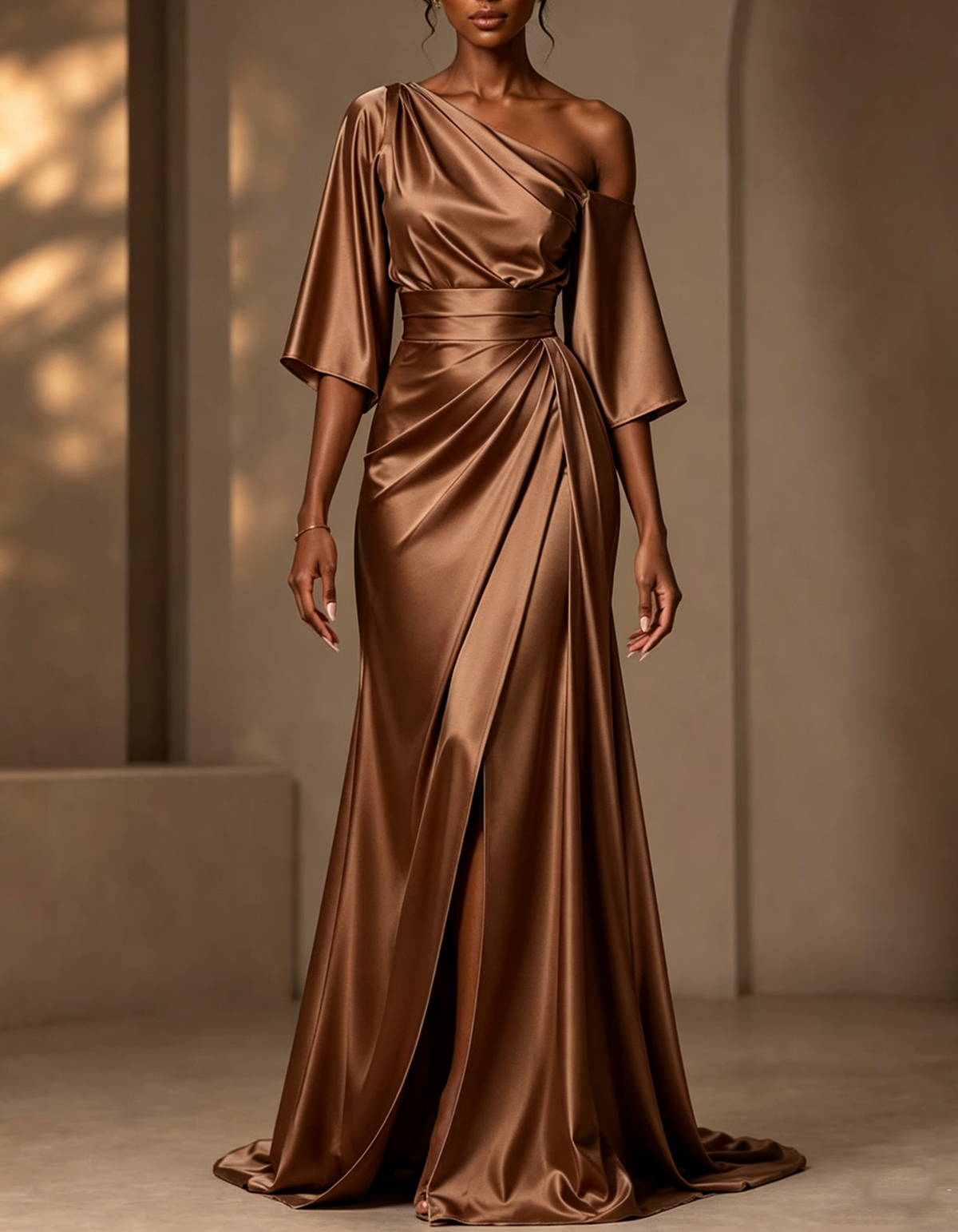 Asymmetrical One Shoulder Satin Maxi Dress
