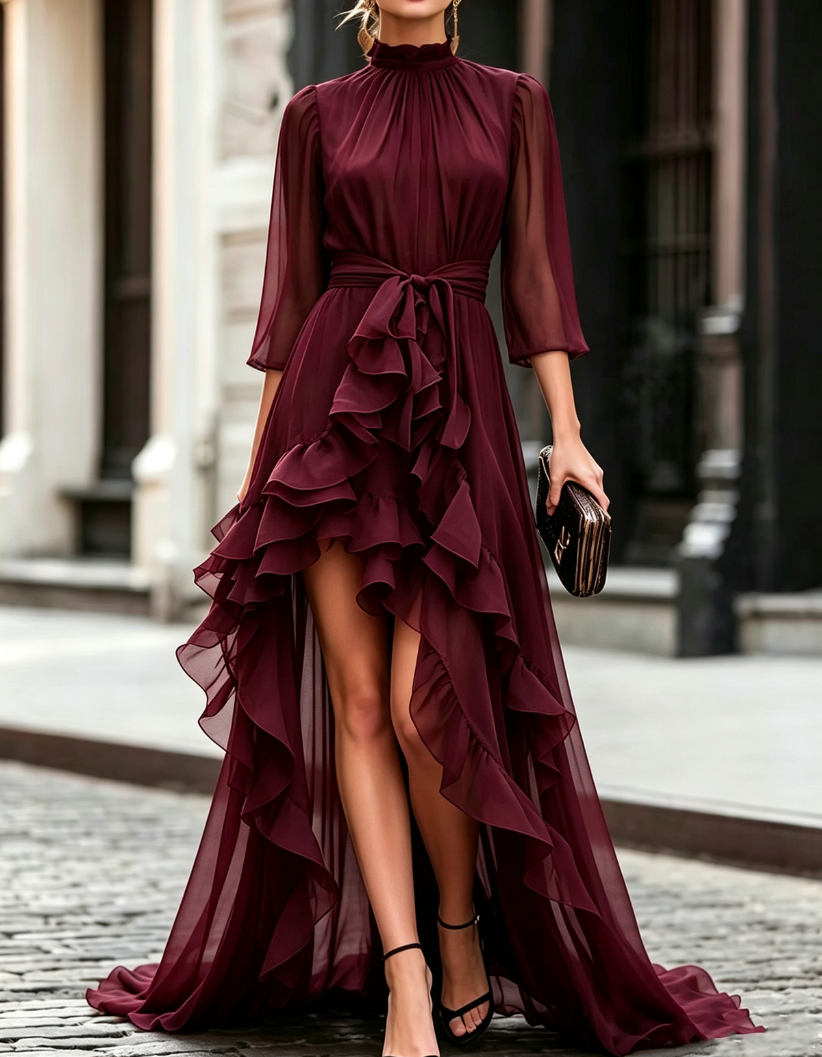 Ruffled High Neck 3/4 Sheer Sleeve Chiffon Maxi Dress