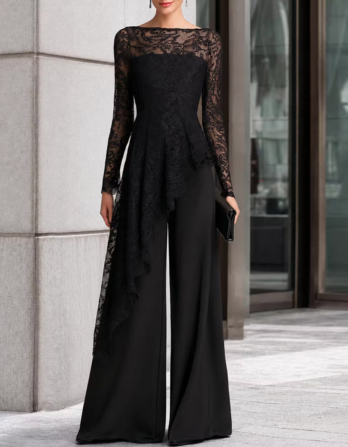 Black Lace And Chiffon Long Sleeve Wide Leg Jumpsuit