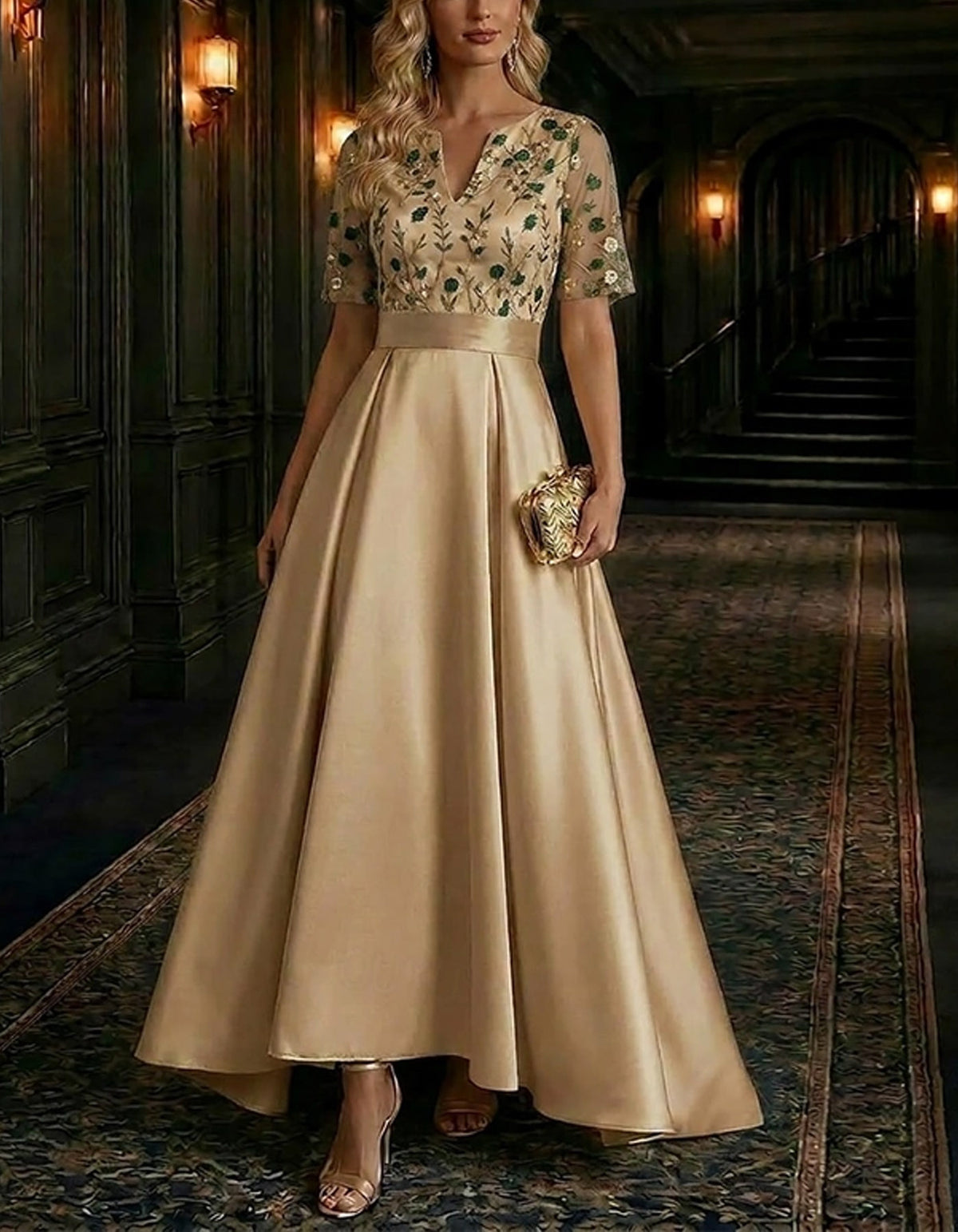 Solid Color Satin With Floral Mesh Overlay Maxi Dress