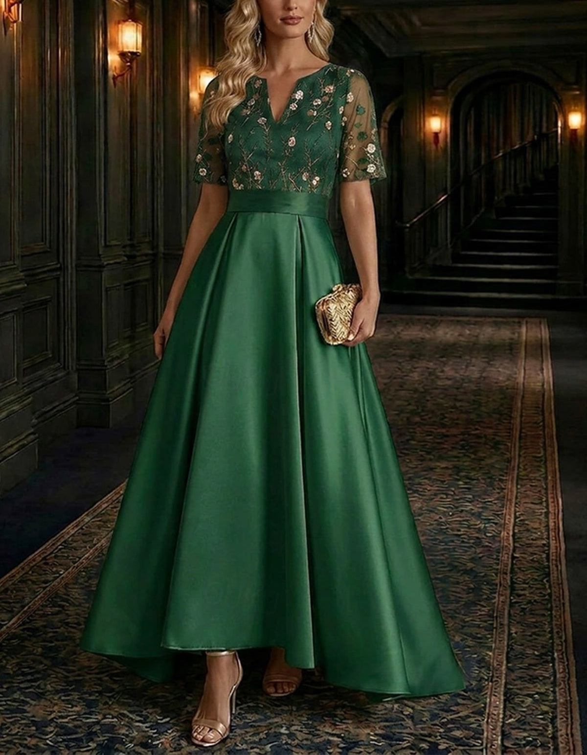 Solid Color Satin With Floral Mesh Overlay Maxi Dress