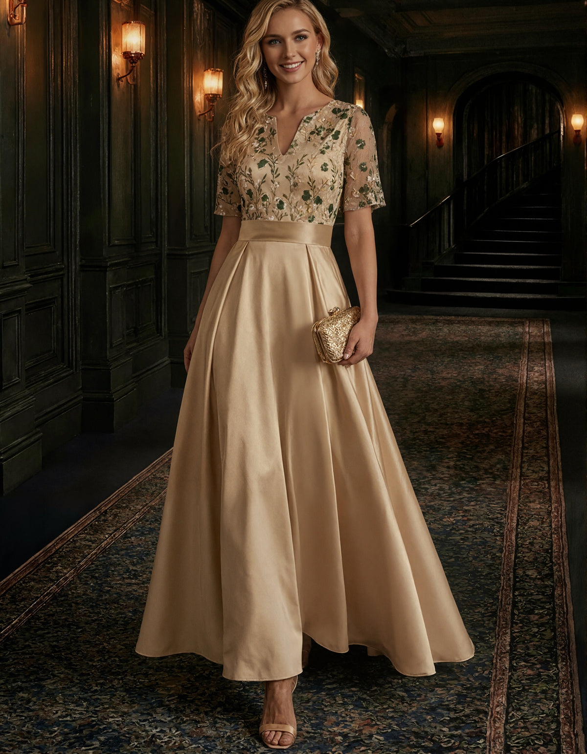 Solid Color Satin With Floral Mesh Overlay Maxi Dress
