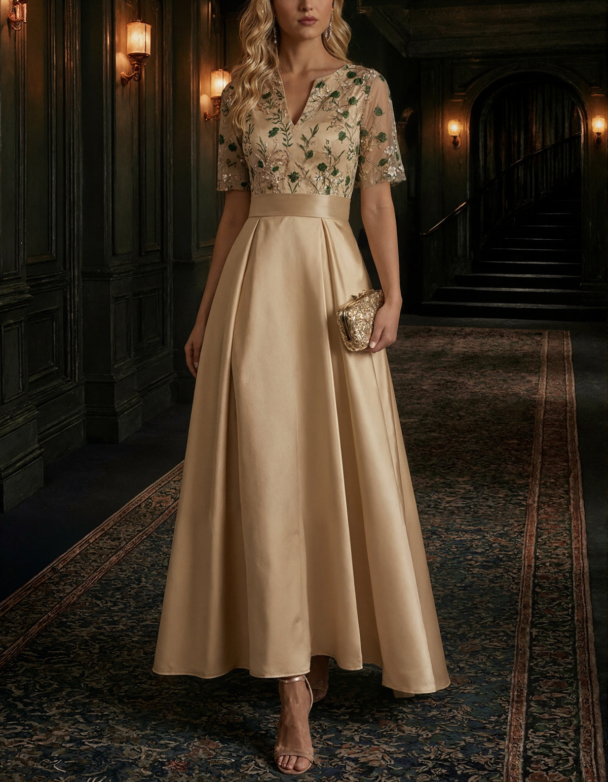 Solid Color Satin With Floral Mesh Overlay Maxi Dress