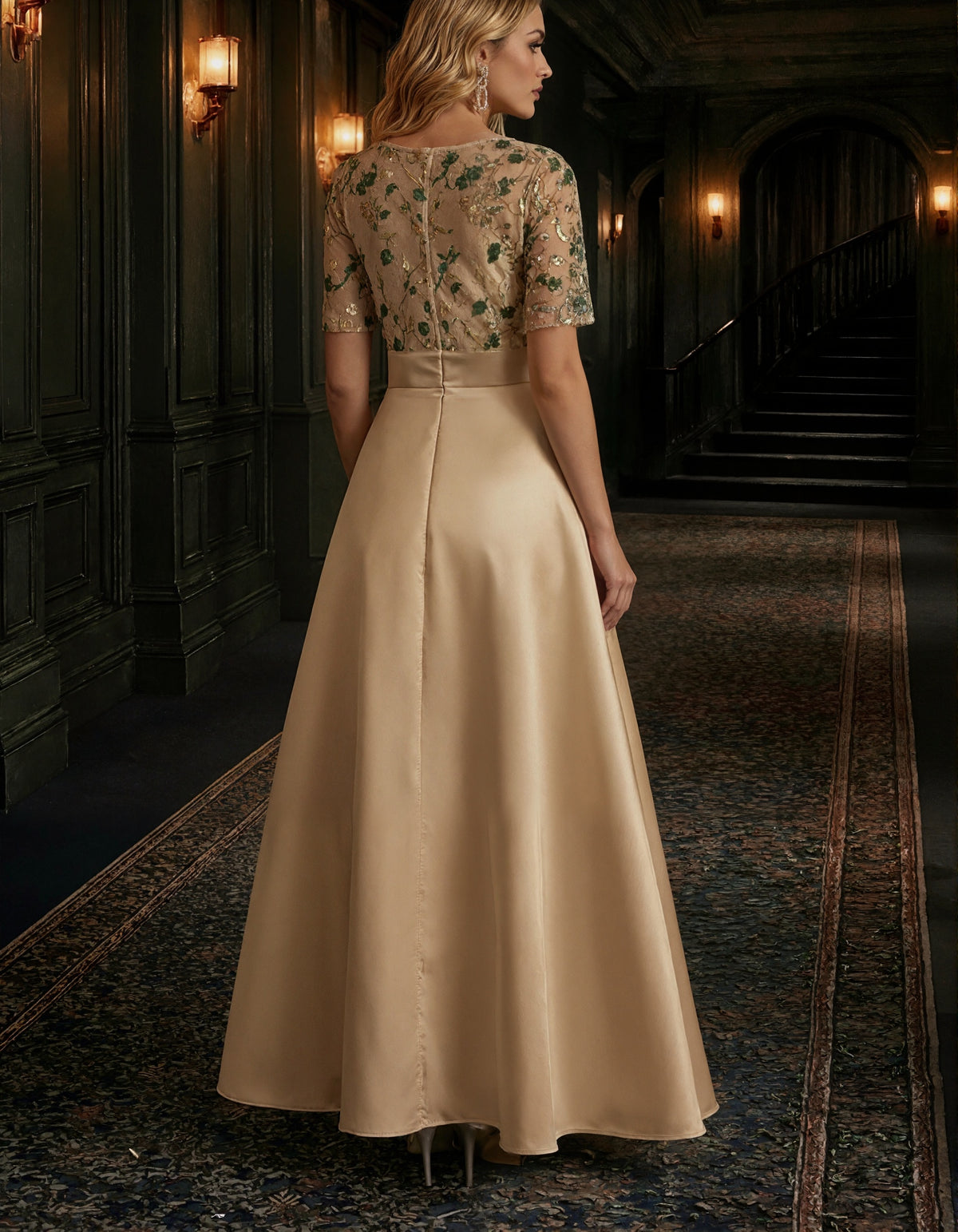 Solid Color Satin With Floral Mesh Overlay Maxi Dress