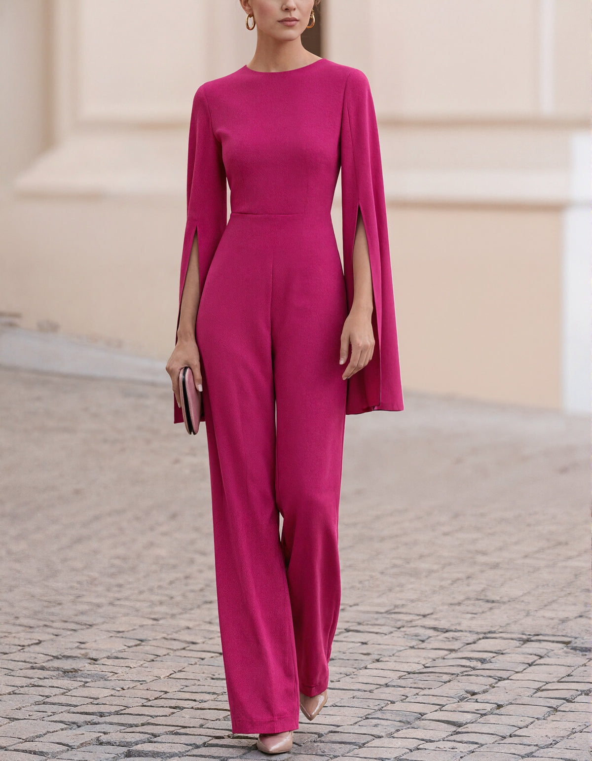 Magenta Cape Sleeve Wide Leg Jumpsuit