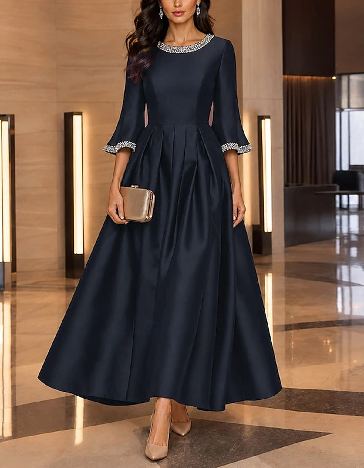 Solid Color Satin Sequin Crew Neck Maxi Dress