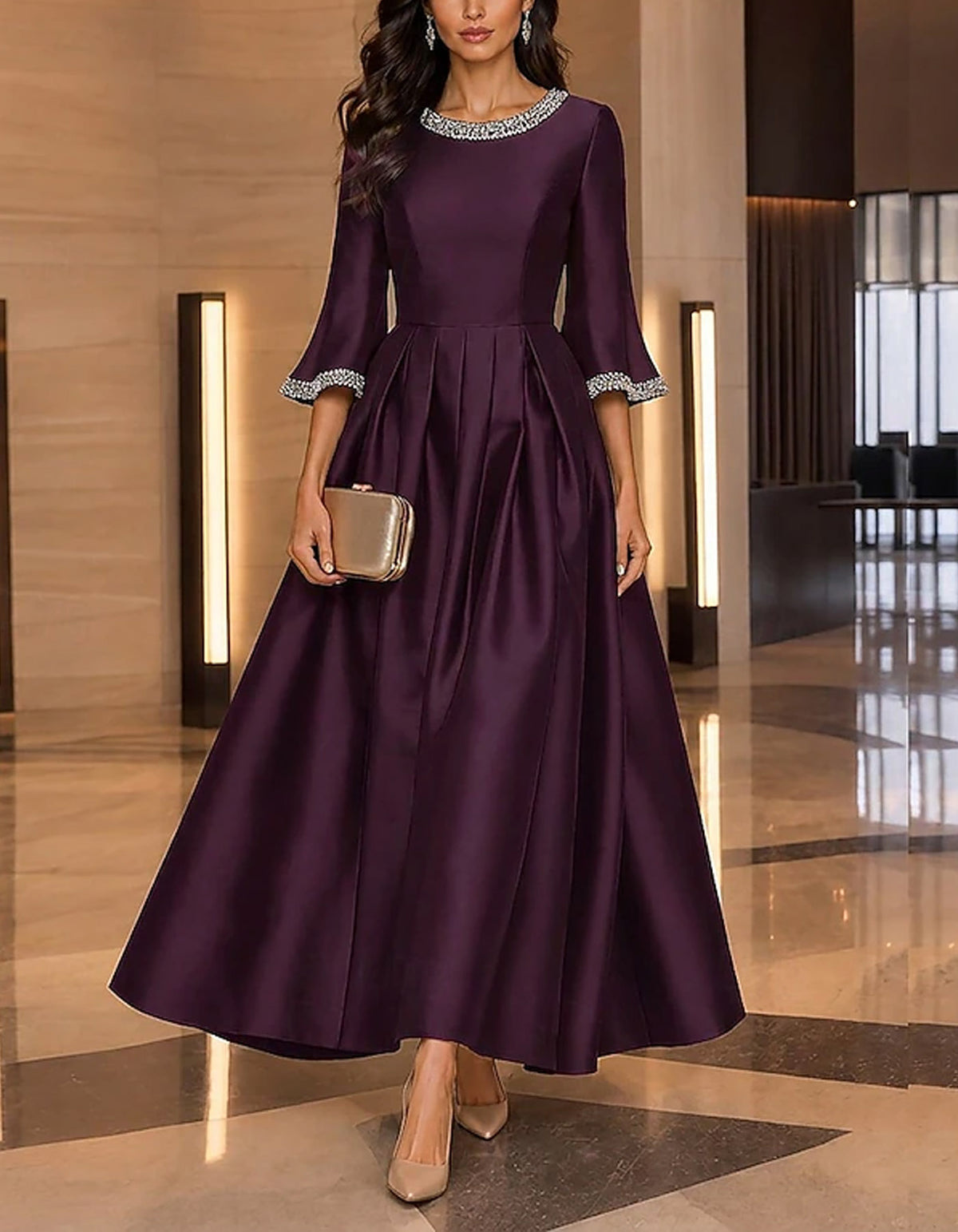Solid Color Satin Sequin Crew Neck Maxi Dress