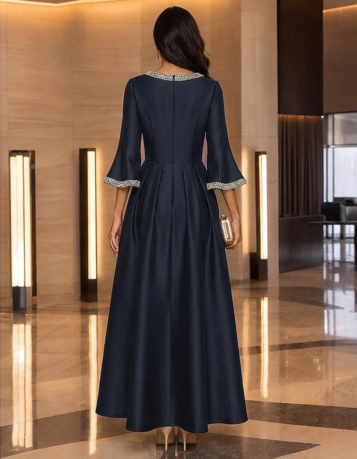 Solid Color Satin Sequin Crew Neck Maxi Dress