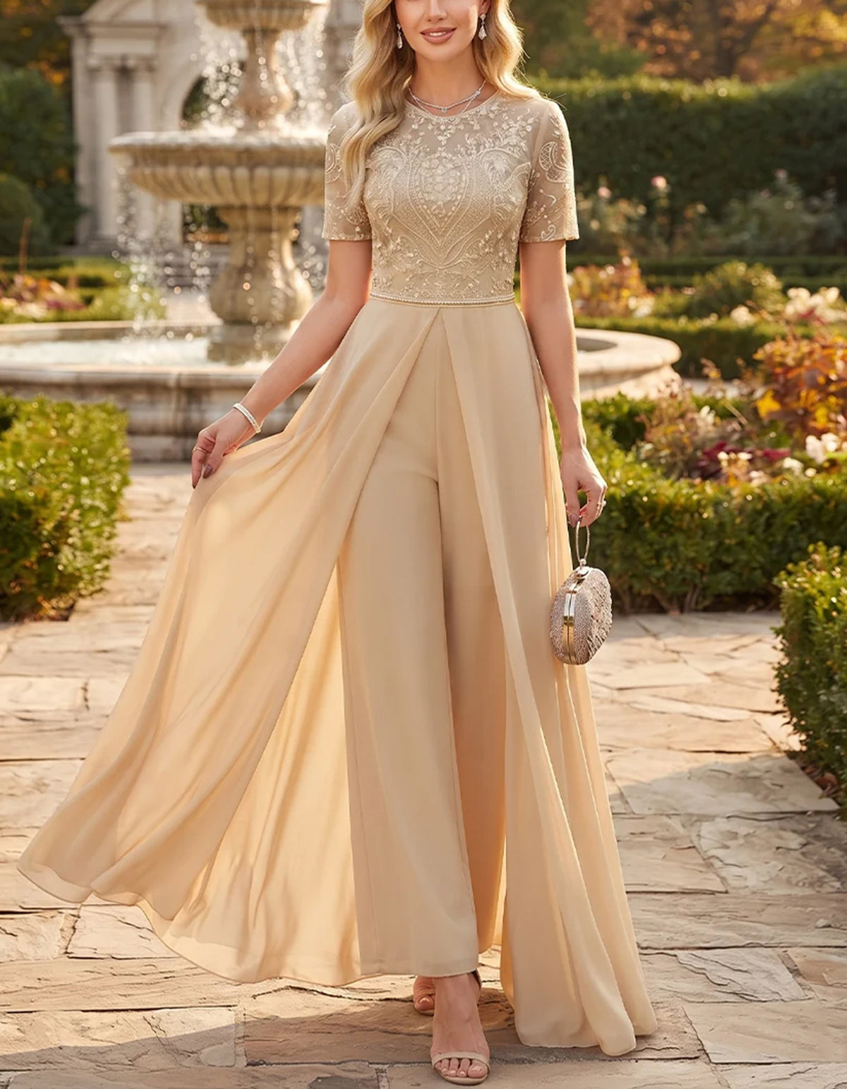 Champagne Lace Embroidery Round Neck Chiffon Wide Leg Jumpsuit
